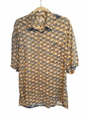 Pierre Cardin Blue and Tan Geometric Short-Sleeve Button-Down